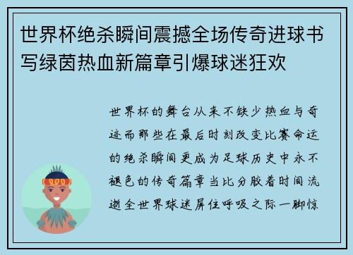 世界杯绝杀瞬间震撼全场传奇进球书写绿茵热血新篇章引爆球迷狂欢